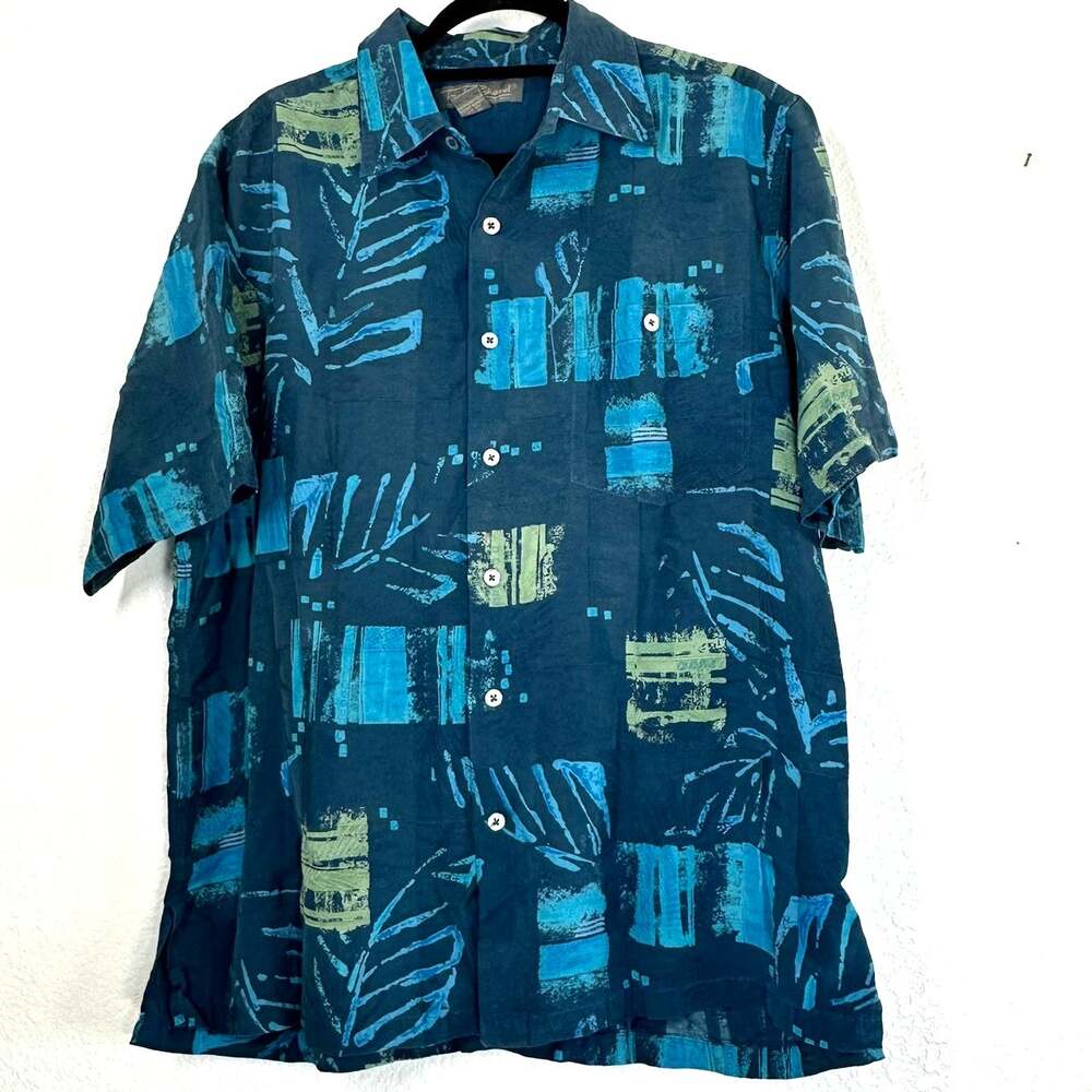L Tori Richard blue abstract pattern short-sleeve camp Hawaiian shirt 100% Silk